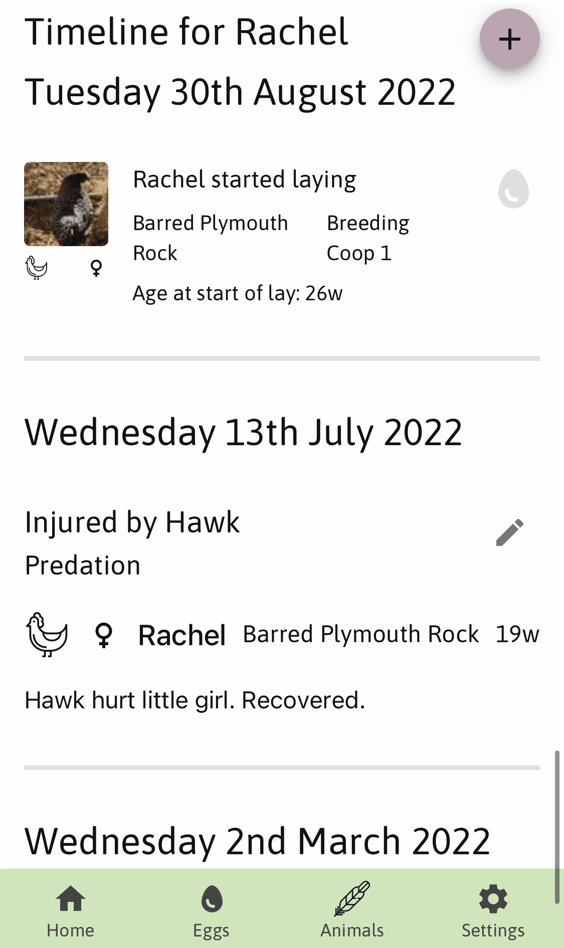 Animal profile page timeline of events