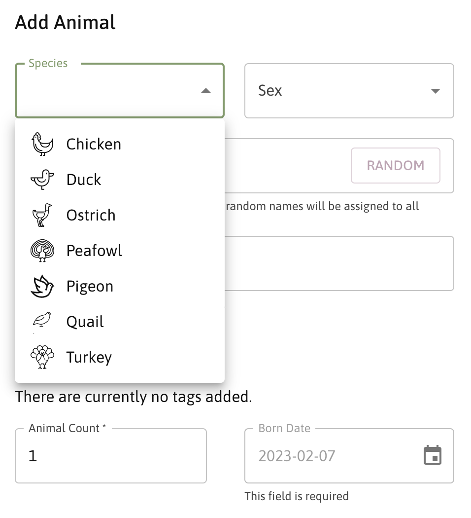 Select species for new animals