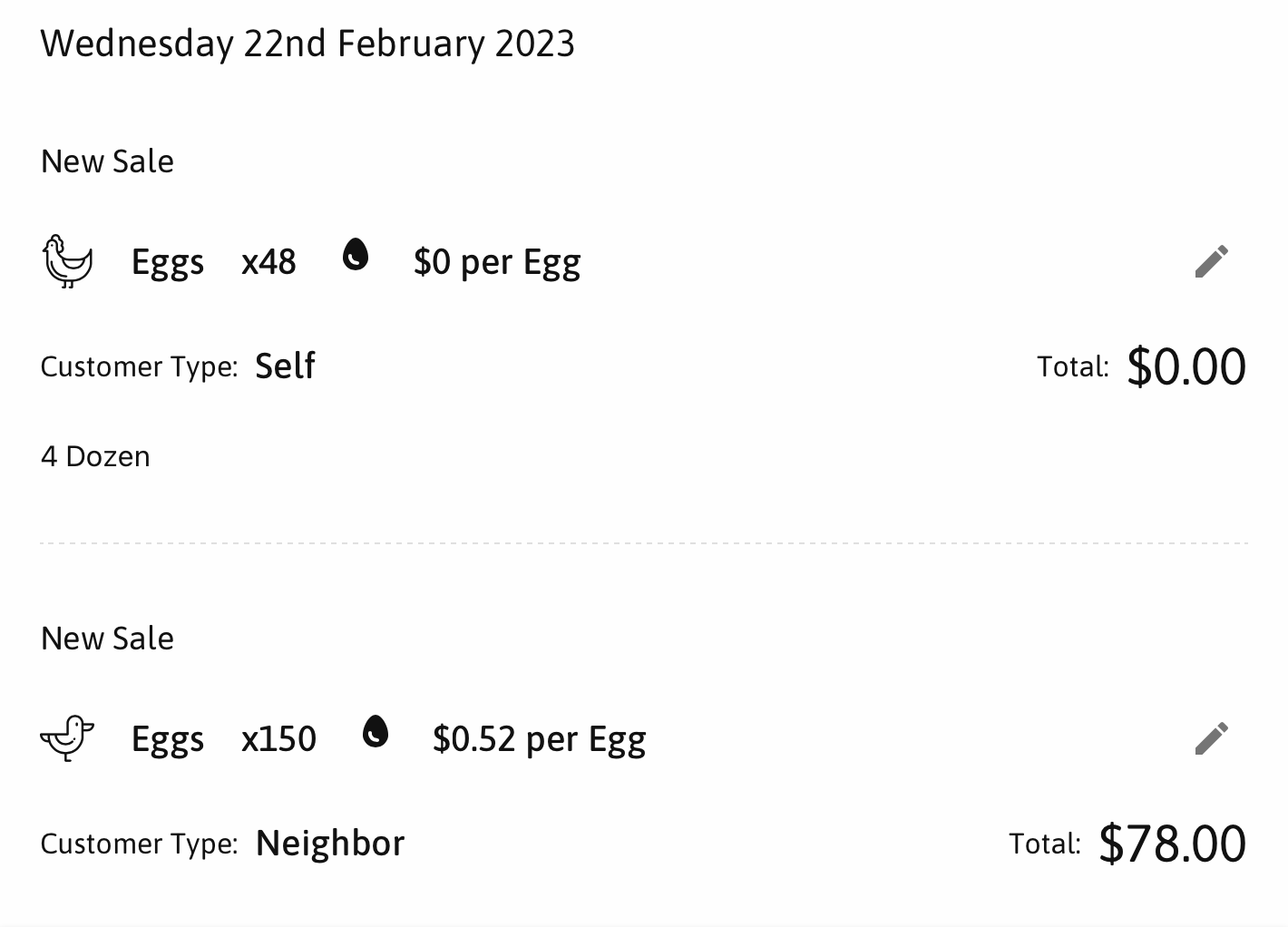 Record customer type and number of eggs sold